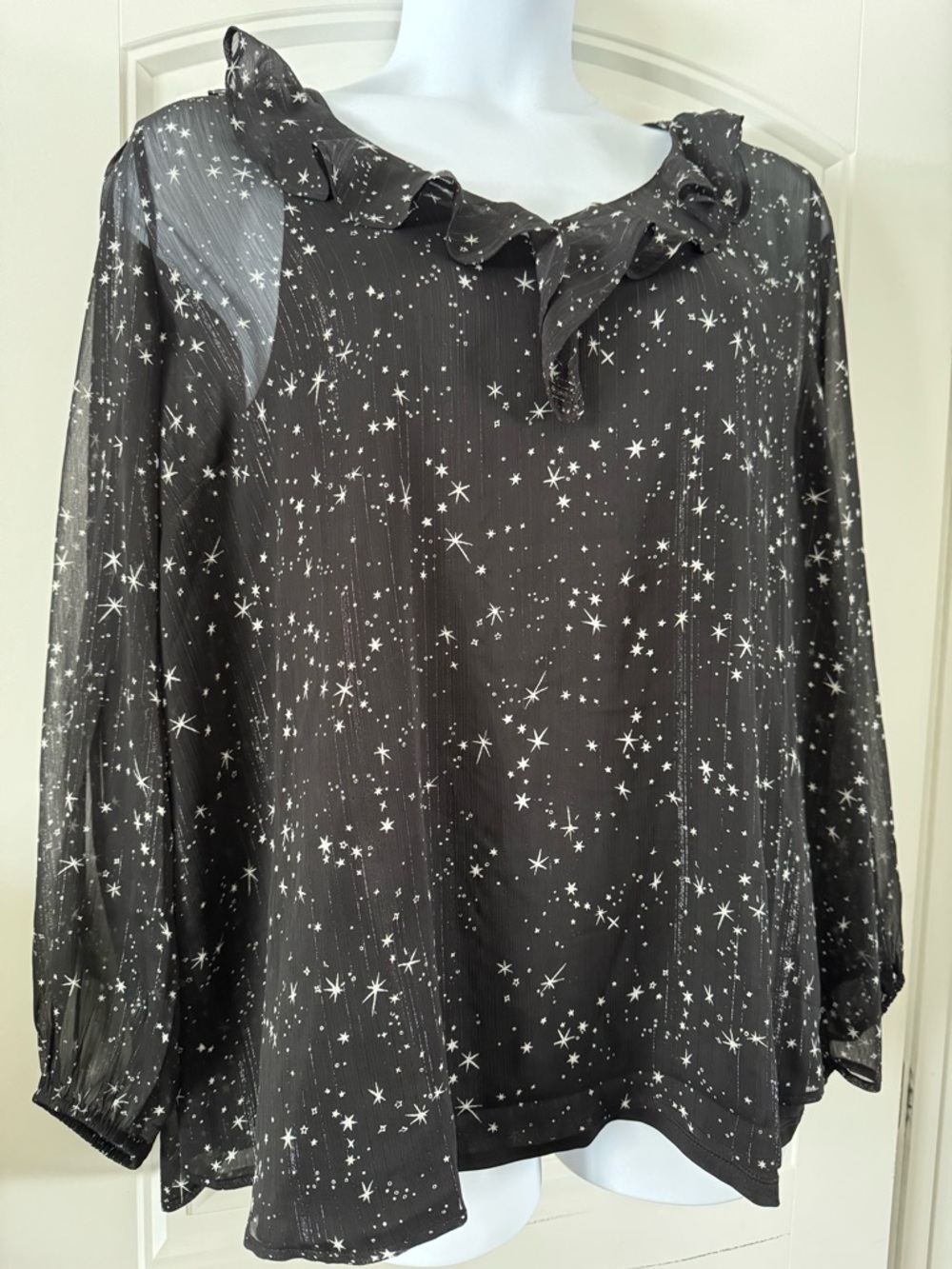 Penningtons Black Star-Print Ruffle Neck Blouse